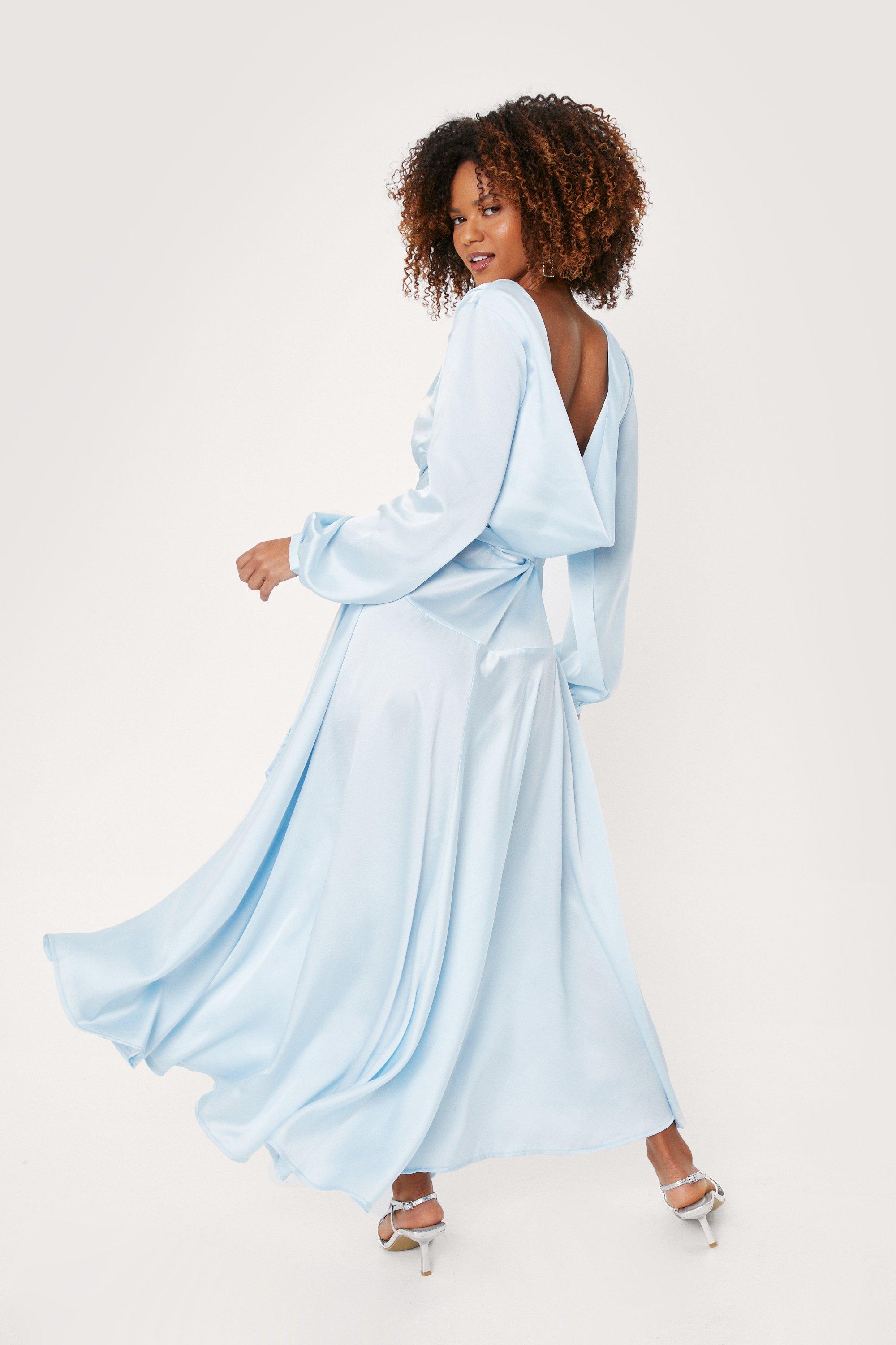 Satin Long Sleeve Cowl Back Maxi Dress